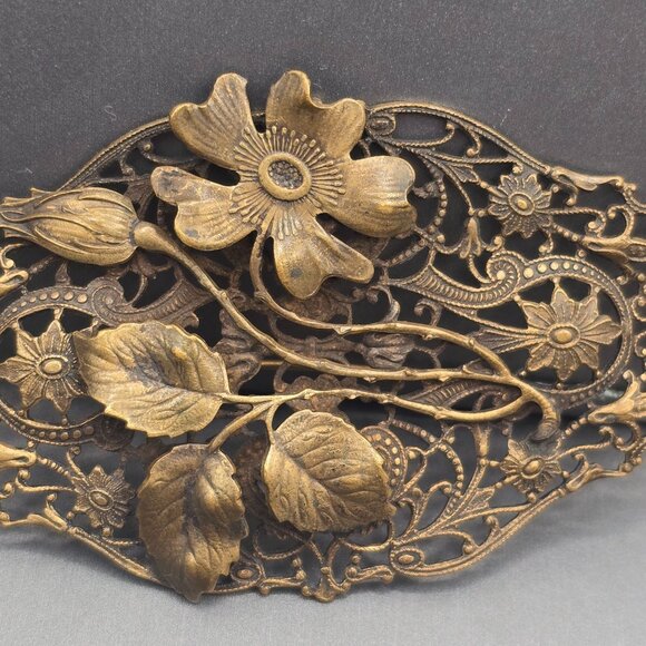 VTG Art Nouveau Floral Filigree Sash Pin 4" Stamped Brass C Clasp Brooch - Picture 2 of 8